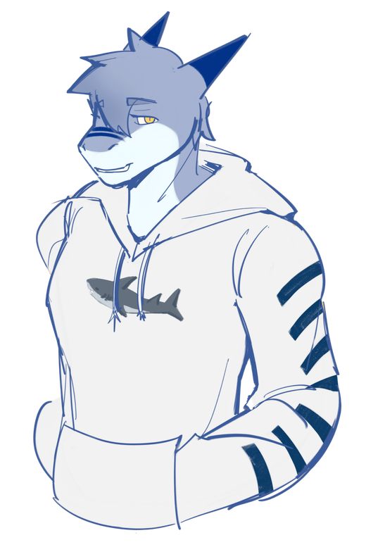 Drawing of Aspen: a periwinkle shark with dark blue fins, an amber eye and a toothy grin, wearing a white hoodie with a shark on it and navy stripes down the sleeve.